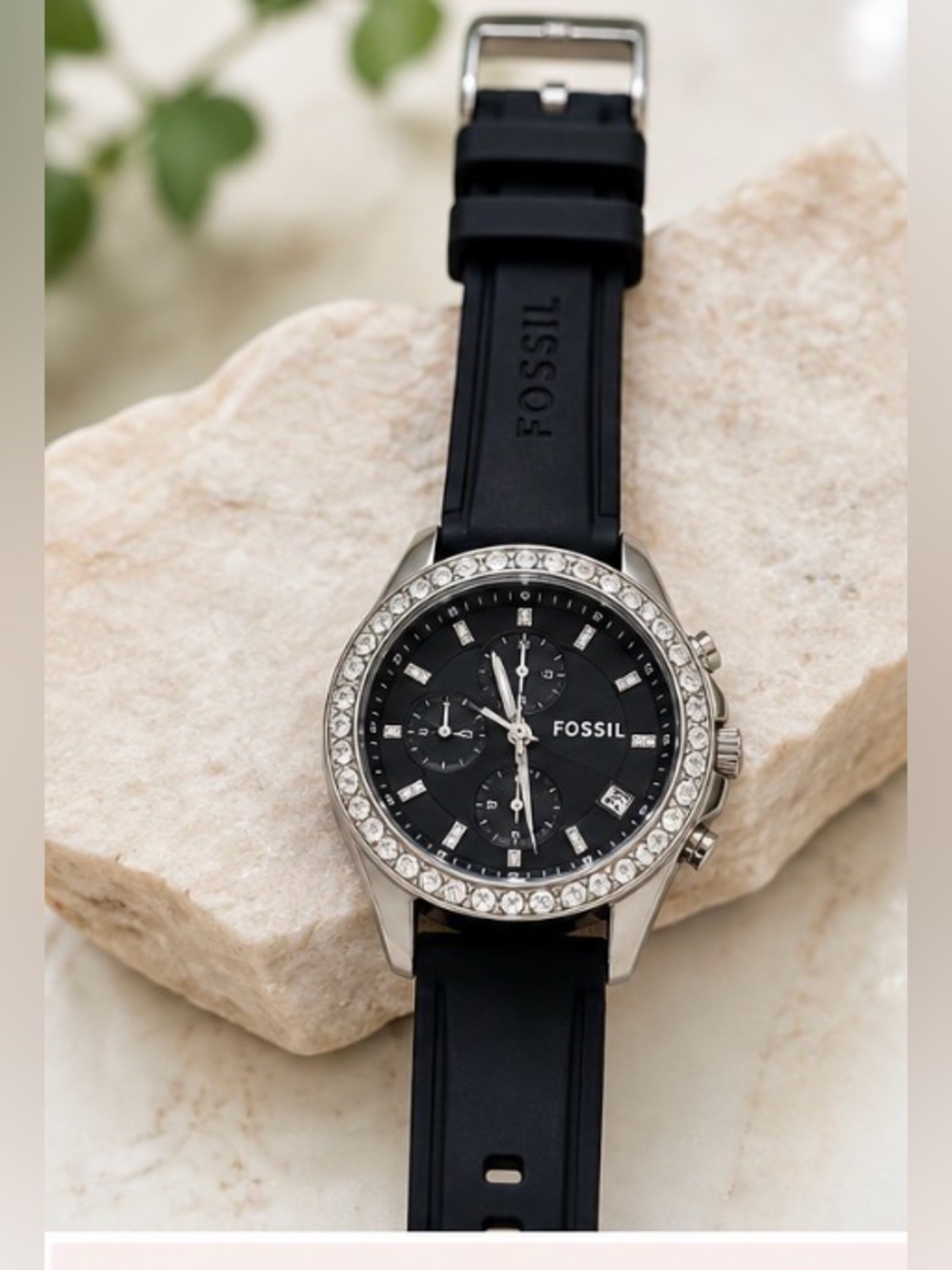 Fossil Women’s Crystal Bezel Chronograph Watch Black Silicone Strap Silver Tone